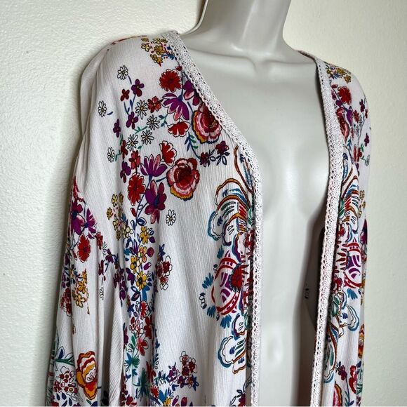 Bila Floral Open Front Cardigan Kimono Cream Boho Crinkle Rayon Women Size M/L - Picture 2 of 12